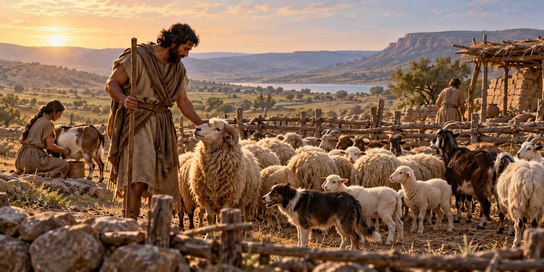 An imagined early farming community tending domesticated sheep and goats beside fields and a small settlement.