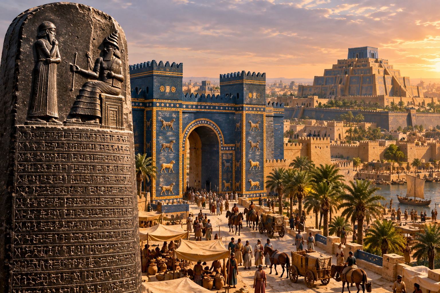 An imagined scene of ancient Babylon with the Code of Hammurabi overlooking the city and its monumental architecture.