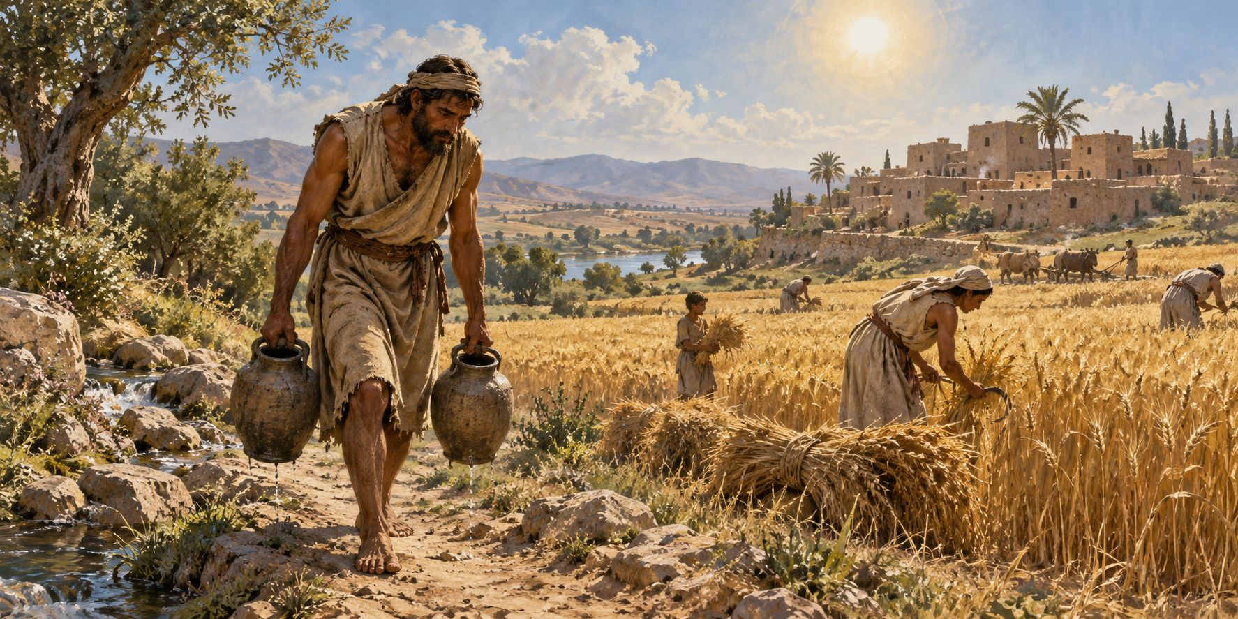 An imagined scene of early farmers carrying water and harvesting wheat beside a village.